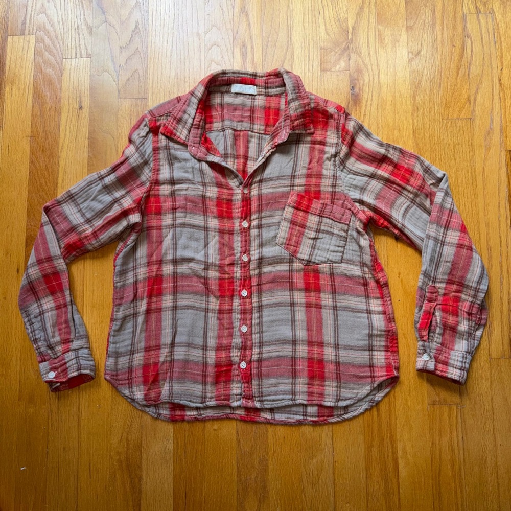 CP Shades Red Tan Plaid Cotton Flannel Button Down Shirt Boho Small USA Gauze